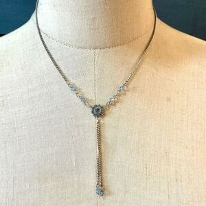 Silver tone blue crystal Y necklace